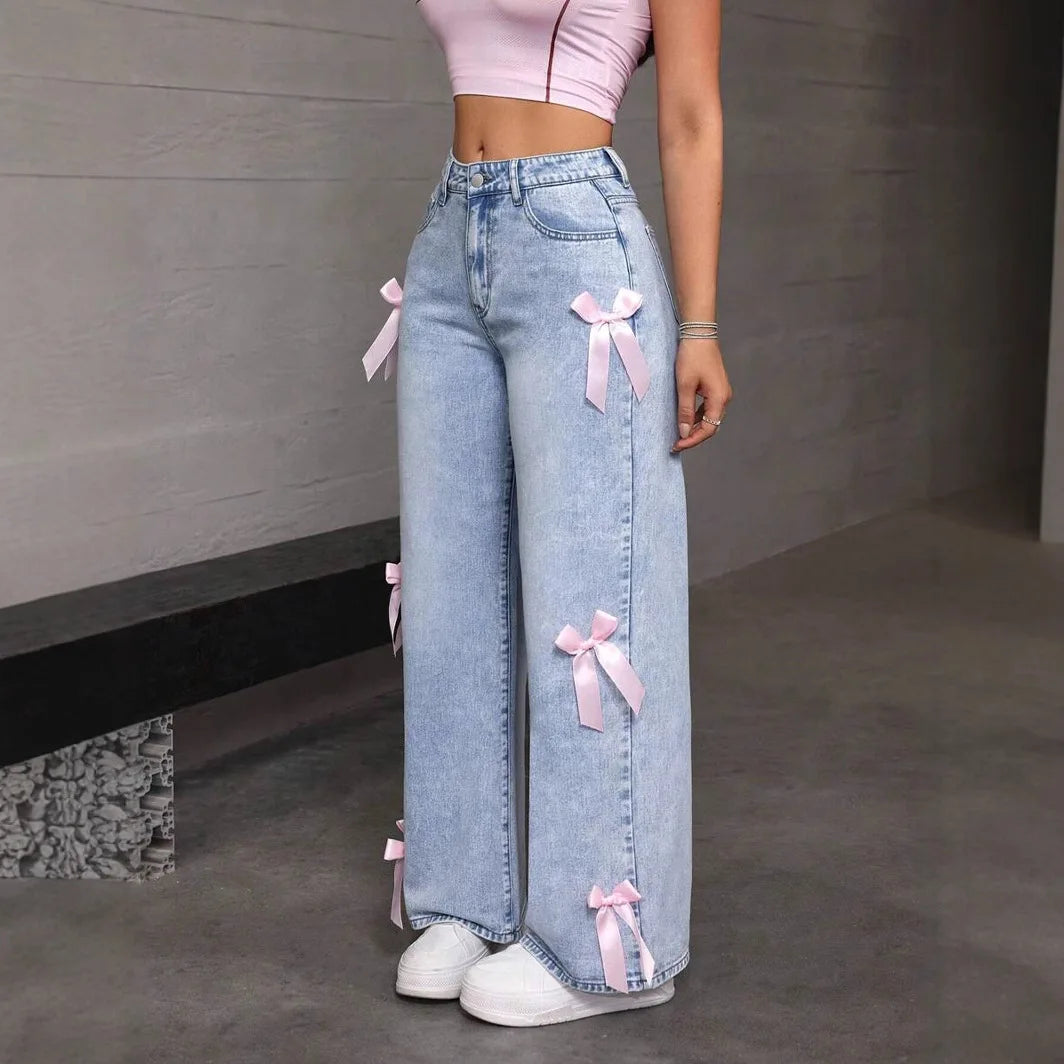 Vaqueros Wide Leg Azules – Cintura Alta con Detalle de Lazo
