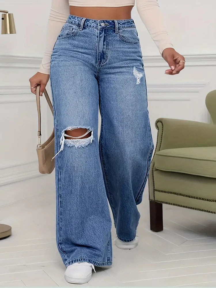 Vaqueros Wide Leg Desgastados – Estilo Vintage y Corte Urbano