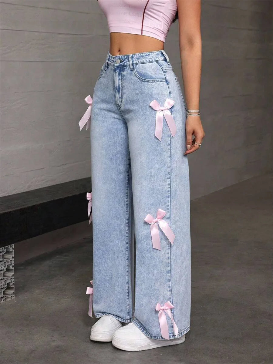 Vaqueros Wide Leg Azules – Cintura Alta con Detalle de Lazo