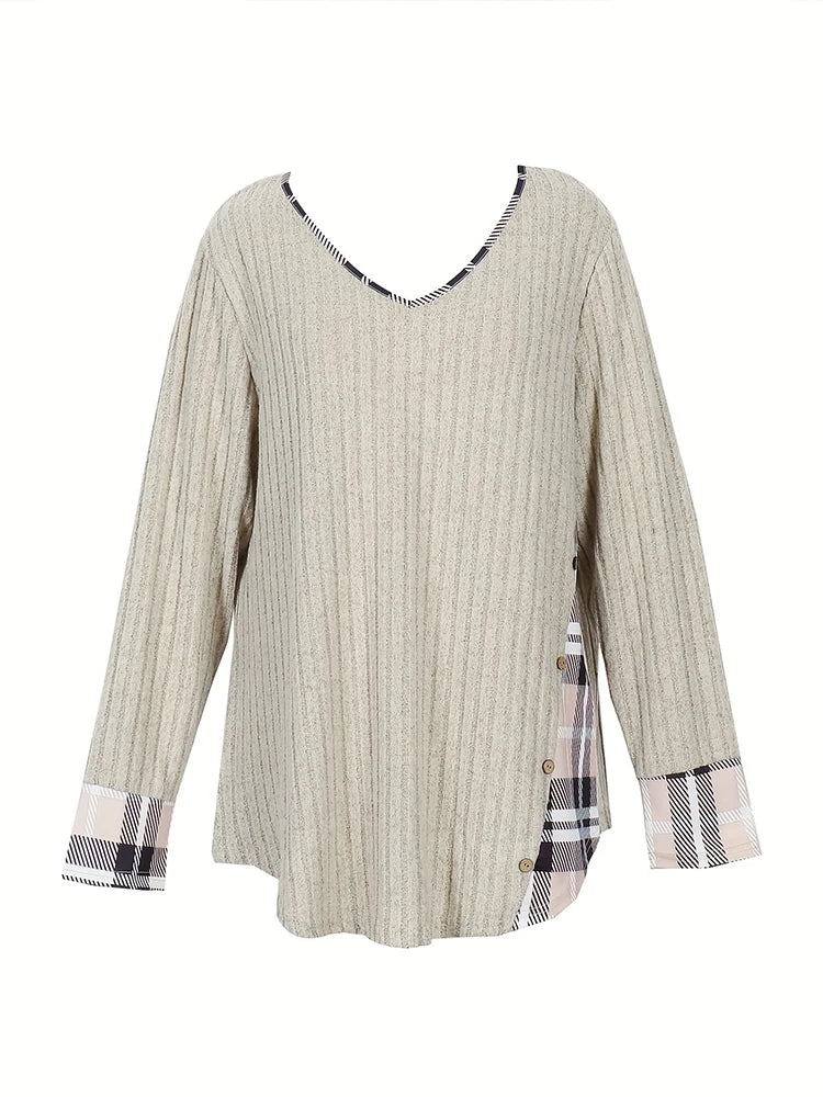 Suéter de Mujer Talla Grande – Cuello en V y Diseño de Color