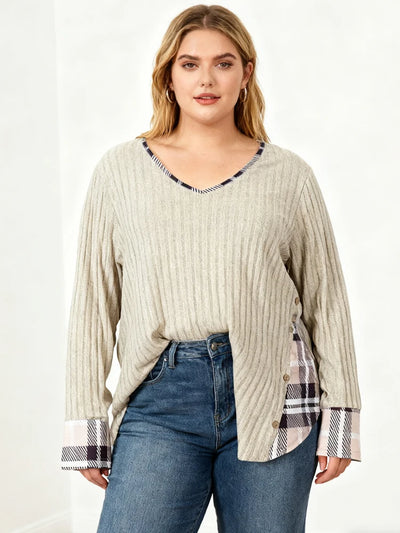 Suéter de Mujer Talla Grande – Cuello en V y Diseño de Color