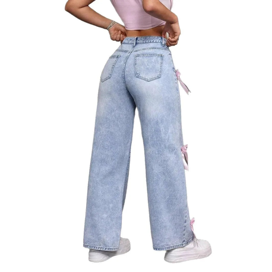 Vaqueros Wide Leg Azules – Cintura Alta con Detalle de Lazo