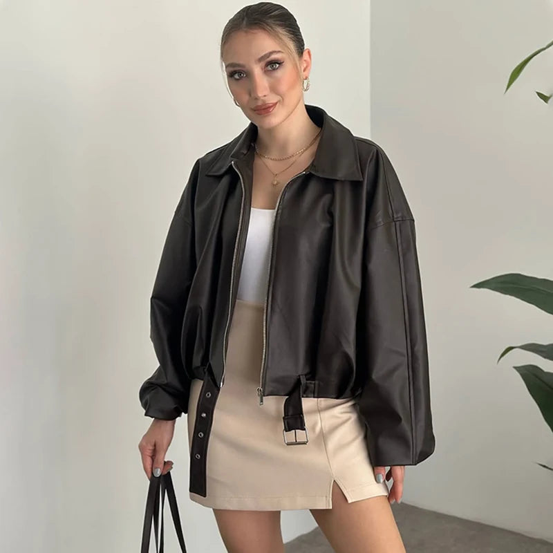 Chaqueta de Cuero Sintético para Mujer – Estilo Bomber Vintage y Urbano