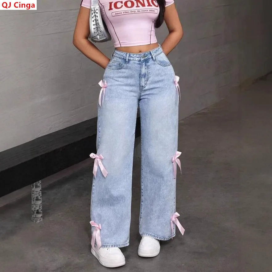 Vaqueros Wide Leg Azules – Cintura Alta con Detalle de Lazo
