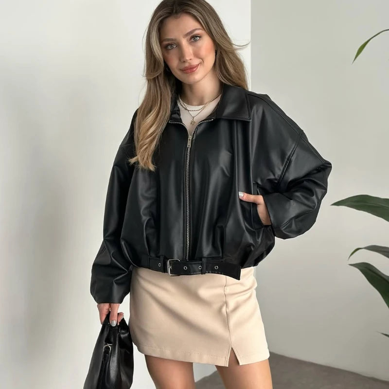 Chaqueta de Cuero Sintético para Mujer – Estilo Bomber Vintage y Urbano