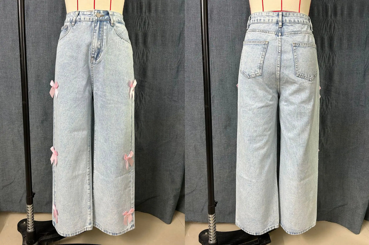 Vaqueros Wide Leg Azules – Cintura Alta con Detalle de Lazo