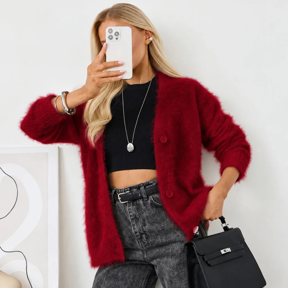 Cárdigan de Mujer – Punto Grueso, Cuello en V y Estilo Elegante