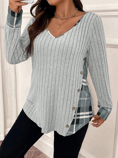 Suéter de Mujer Talla Grande – Cuello en V y Diseño de Color